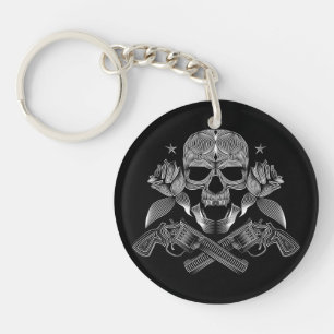 Skull and Stars with Roses and Crossed Guns Keychain
