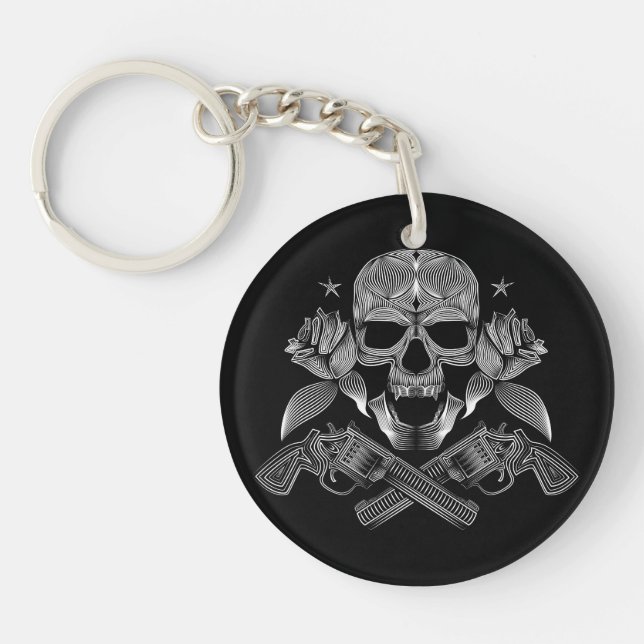 Skull and Stars with Roses and Crossed Guns Keychain (Front)