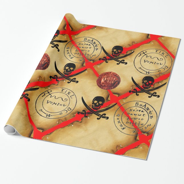 SKULL AND  SWORDS ,PIRATES TREASURE MAP PARCHMENT WRAPPING PAPER (Unrolled)