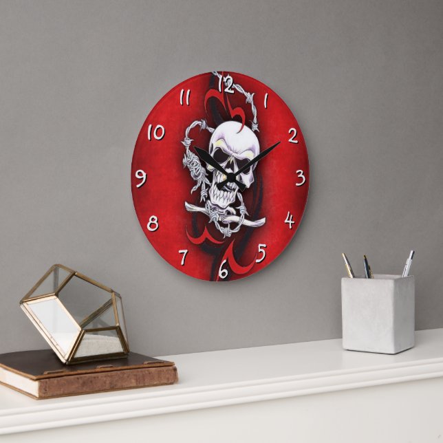Skull And Tribal Tattoo Large Clock (Office)