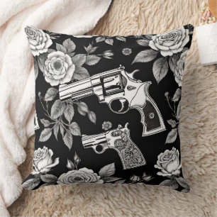 Skull and Vintage Revolvers in Black and White Throw Pillow