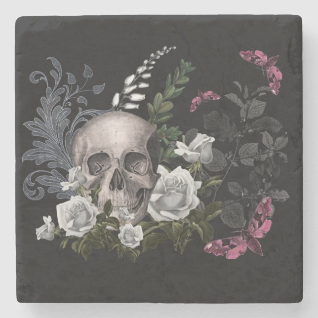 Skull and White Roses Stone Coaster (Front)