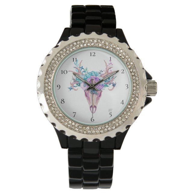 *~* Skull Antlers Horn Boho Flowers Tribal Beachy Watch (Front)
