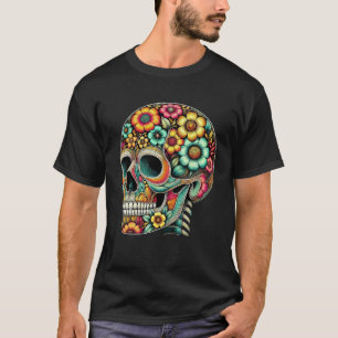Skull Art Flowers Graphic Colourful Motif line T-Shirt