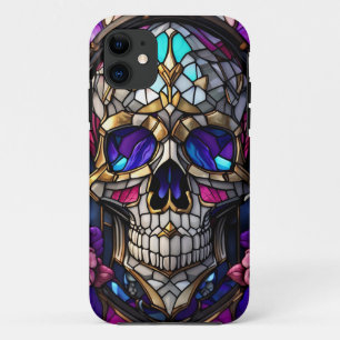Skull Art, Sugar Skull, Faux Stained-Glass Skull,  iPhone 11 Case