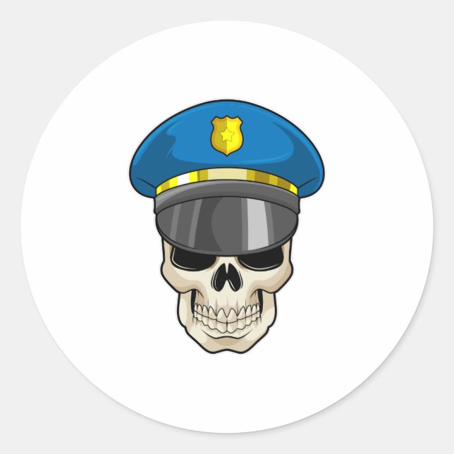 Skull as Police officer with Police hat Classic Round Sticker (Front)