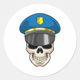 Skull as Police officer with Police hat Classic Round Sticker