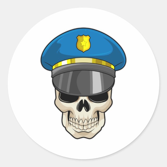 Skull as Police officer with Police hat Classic Round Sticker (Front)