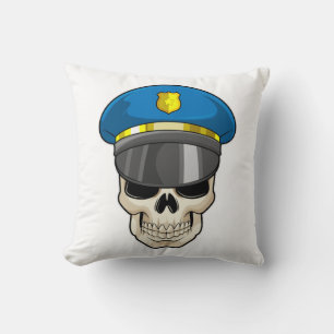 Skull as Police officer with Police hat Throw Pillow