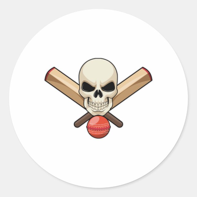 Skull at Cricket with Cricket bat Classic Round Sticker (Front)