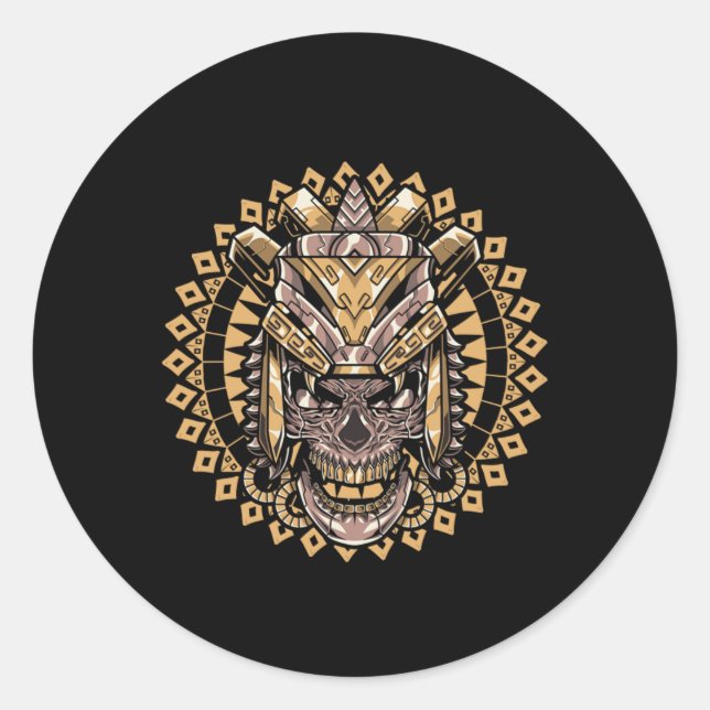 Skull Aztec Warrior Mayan Culture Inca Civilizatio Classic Round Sticker (Front)