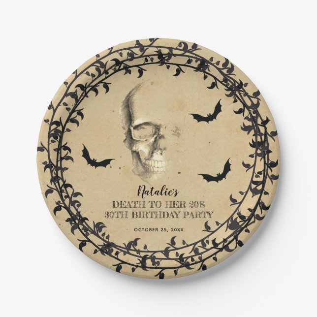 Skull Bats Death to Her 20s Birthday Party Paper Plate (Front)