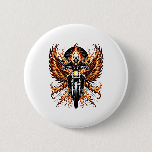 Skull Biker Flame Winged Motorcycle 2 Inch Round Button (Front)
