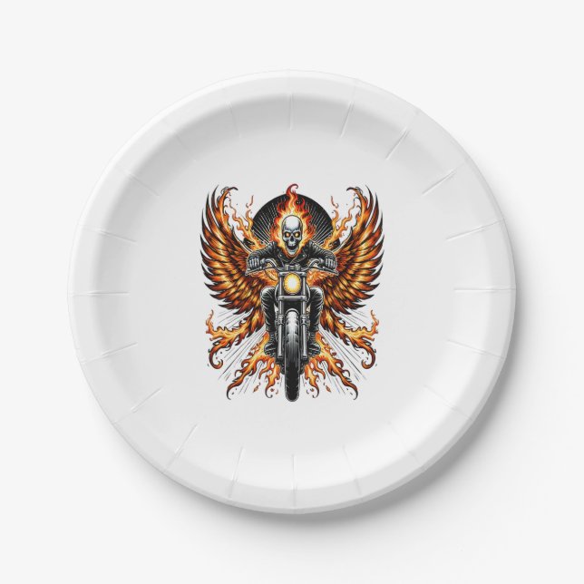 Skull Biker Flame Winged Motorcycle Paper Plate (Front)