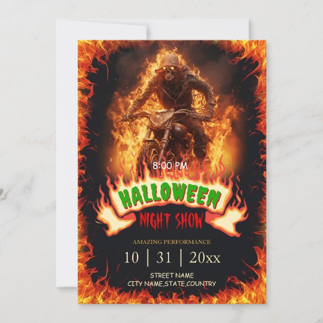 Skull Biker from Hell Halloween Flames Invitation (Front)