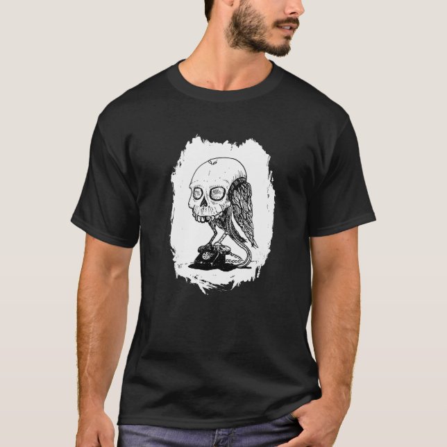 Skull Bird Standing on a Rotary Telephone T-Shirt (Front)