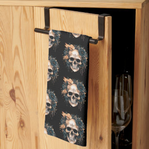 Skull Black and Gold Flowers Pattern Halloween Kitchen Towel