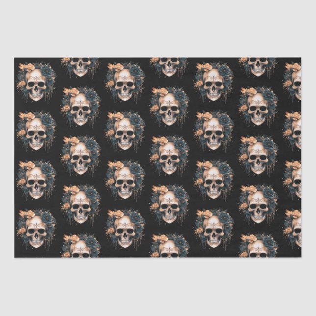 Skull Black and Gold Flowers Pattern Halloween Tissue Paper (Front)