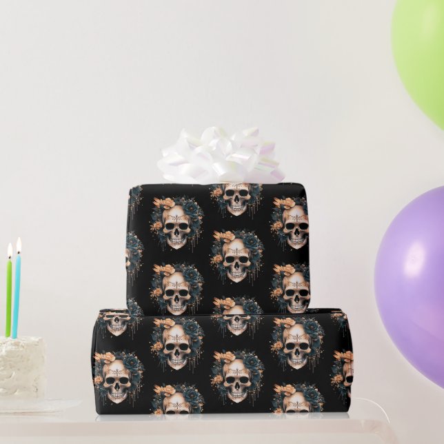 Skull Black and Gold Flowers Pattern Halloween Wrapping Paper (Party Gifts)