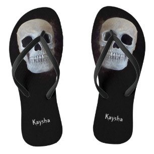 Skull Black And White Gothic Trendy Art Design Flip Flops