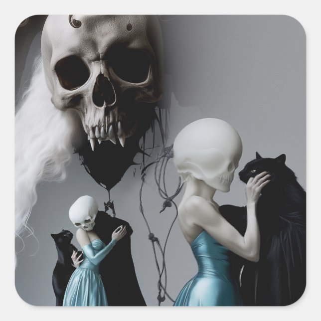 Skull Black Cat Shadow Work Occult Witchy AI Art Square Sticker (Front)