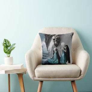 Skull Black Cat Shadow Work Occult Witchy AI Art Throw Pillow