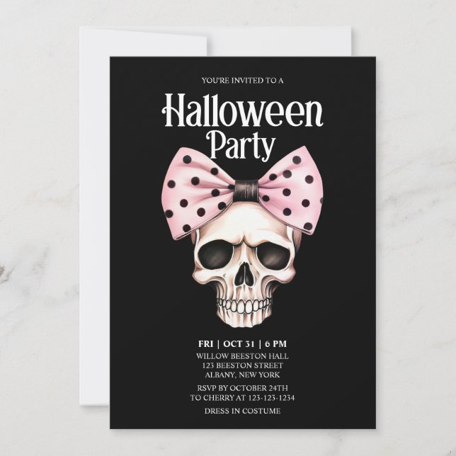 Skull Black Dots Bow Pink Horror Halloween Party Invitation (Front)