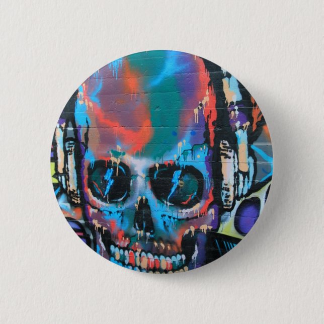 Skull, blue music Graffiti street art, urban goth 2 Inch Round Button (Front)