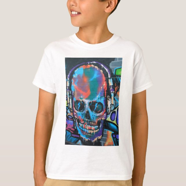 Skull, blue music Graffiti street art, urban goth T-Shirt (Front)