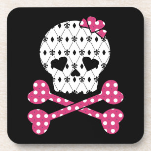 Skull & Bones Fleur-de-lis Pink Polka Dot Coaster