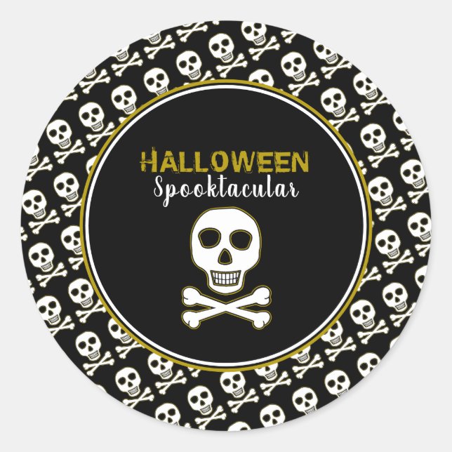 Skull & Bones, Gold Halloween Party Classic Round Sticker (Front)
