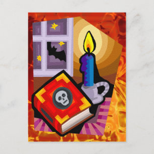 Skull Book, Candle Stick and Bat Outside Postcard