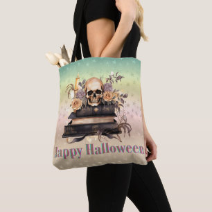 Skull Books Gold and Grey Roses Happy Halloween Tote Bag