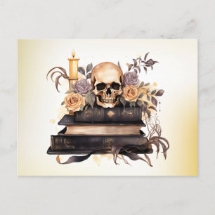 Skull Books Grey and Gold Roses Green Halloween Holiday Postcard