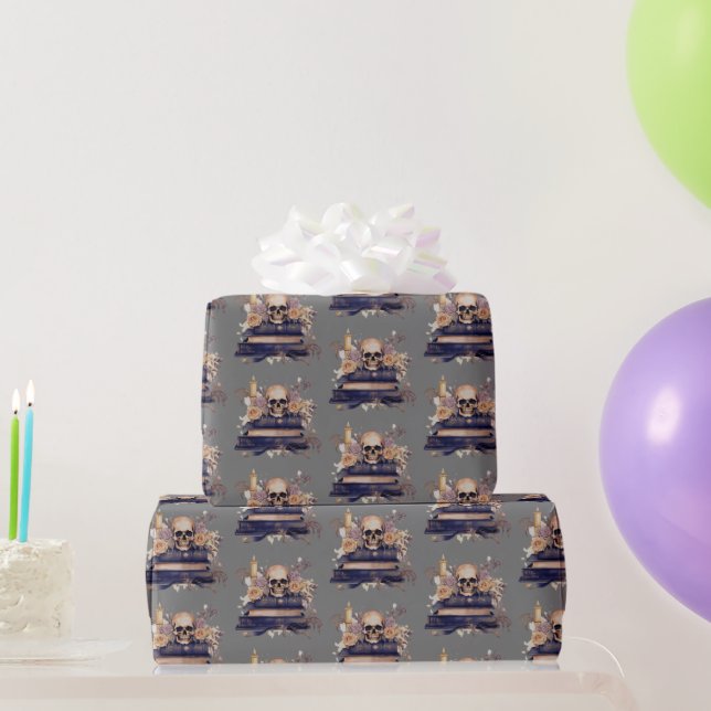 Skull Books Grey Gold Roses Pattern Halloween Wrapping Paper (Party Gifts)