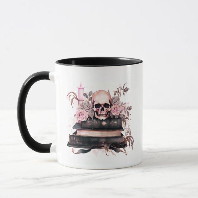 Skull Books Pink and Grey Roses Halloween Mug (Left)