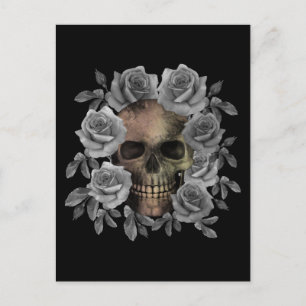SKULL BOUQUET FLOWERS BLACK AND WHITE POSTCARD