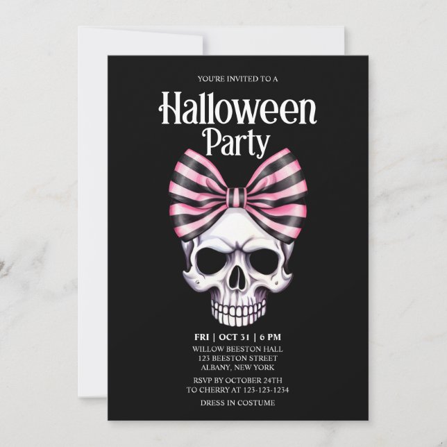 Skull Bow Stripes Pink Horror Halloween Party Invitation (Front)