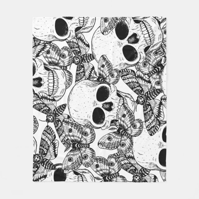 Skull, butterflies: hand-drawn vintage pattern fleece blanket (Front)
