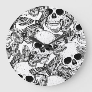 Skull, butterflies: hand-drawn vintage pattern large clock
