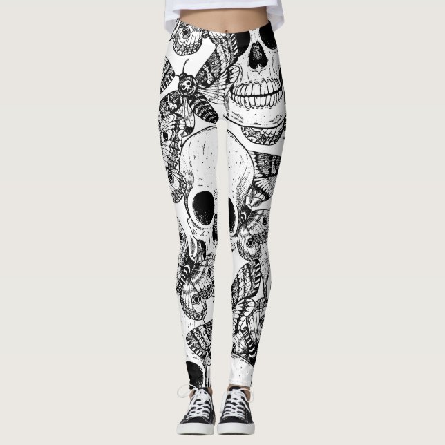 Skull, butterflies: hand-drawn vintage pattern leggings (Front)