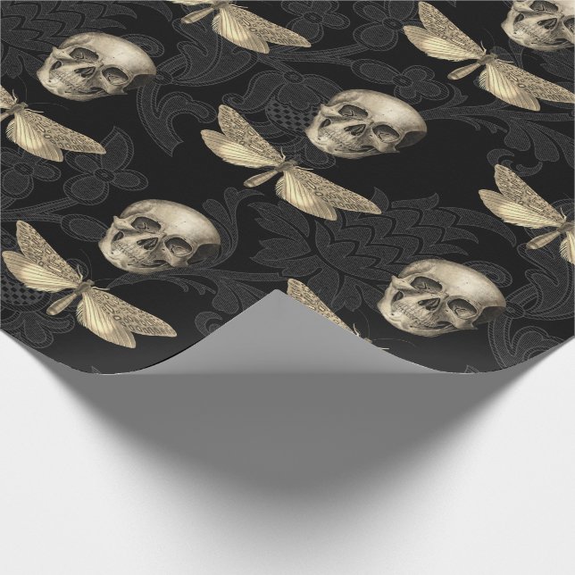Skull & Butterfly Black Lace Gothic Wrapping Paper (Corner)