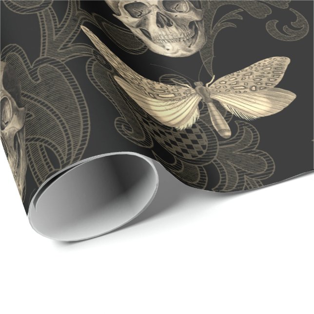 Skull & Butterfly Brown Lace Wrapping Paper (Roll Corner)