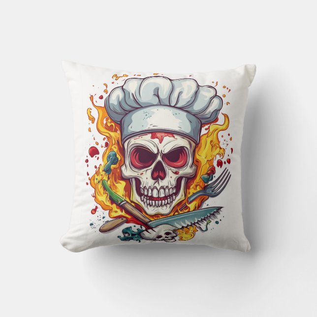 Skull Chef Kitchen Master Throw Pillow (Front)
