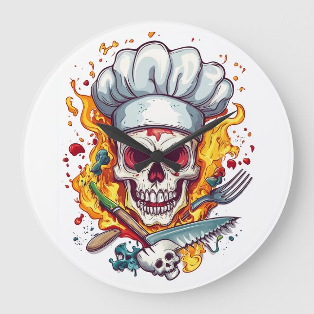 Skull Chef Madness � Funny Cooking Skeleton Large Clock (Front)