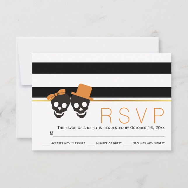 Skull couple and stripes Halloween wedding RSVP (Front)