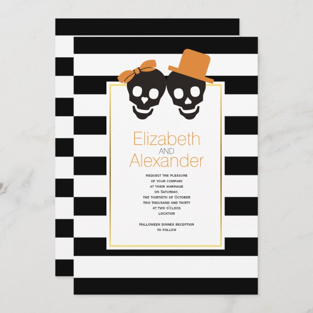 Skull couple and stripes orange Halloween wedding Invitation (Front/Back)