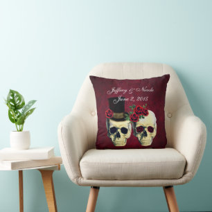 Skull Couple Bride and Groom Custom Wedding Throw Pillow
