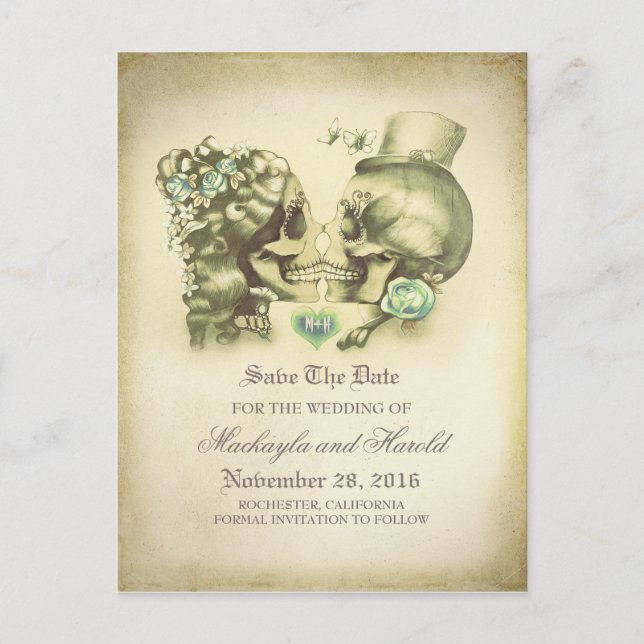 Skull Couple Day of the Dead Save the Date Announcement Postcard (Front)