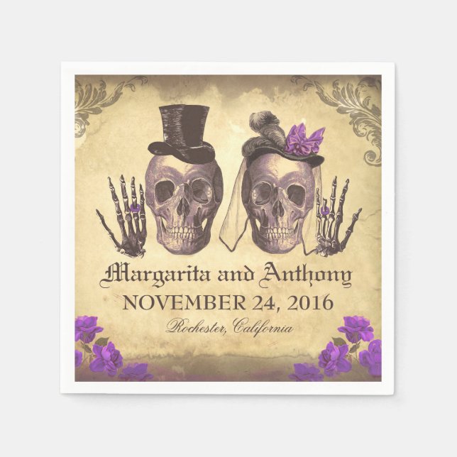 Skull couple Gothic wedding paper napkins (Front)